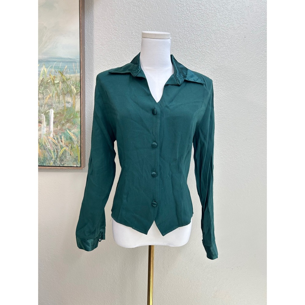 Vintage Exposé Emerald Green Satin Trim Button Front Blouse Medium Made USA